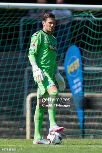 Goalkeeper Daniel Davari of Duisburg controls the ball during the TEDi-Cup match between Hertha BSC and MSV Duisburg on July 8, 2018 in Herne,...