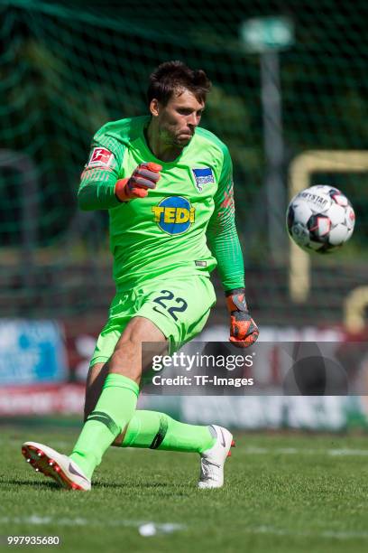 Goalkeeper Rune Jarstein of Hertha BSC controls the ball during the TEDi-Cup match between Hertha BSC and MSV Duisburg on July 8, 2018 in Herne,...