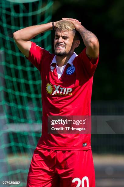 Cauly Oliveira Souza of Duisburg gestures during the TEDi-Cup match between Hertha BSC and MSV Duisburg on July 8, 2018 in Herne, Germany.