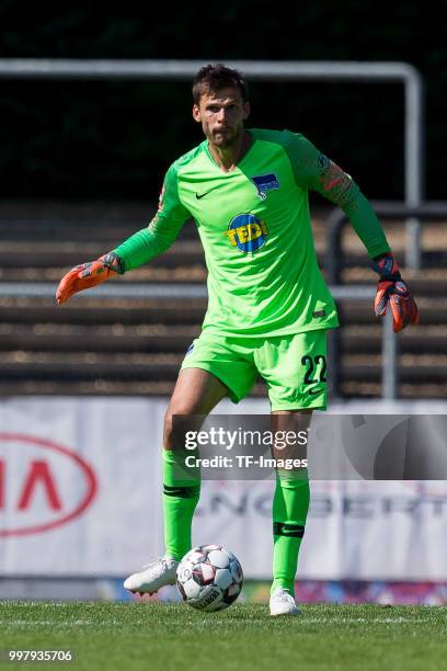 Goalkeeper Rune Jarstein of Hertha BSC controls the ball during the TEDi-Cup match between Hertha BSC and MSV Duisburg on July 8, 2018 in Herne,...