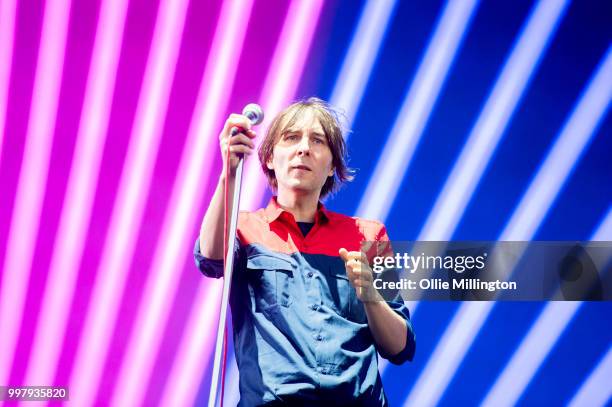 Thomas Mars of Pheonix performs onstage at the mainstage at The Plains of Abraham in The Battlefields Park on day 8 of the 51st Festival d'ete de...