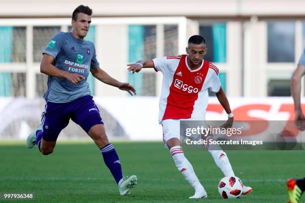 Pieter Gerkens of Anderlecht, Hakim Ziyech of Ajax during the Club Friendly match between Ajax v Anderlecht at the Olympisch Stadion on July 13, 2018...