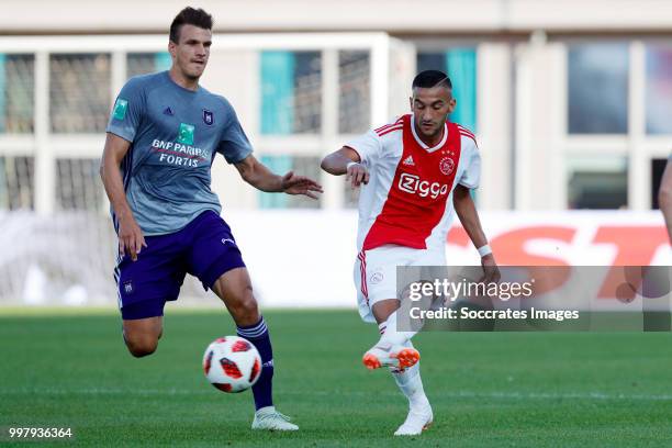 Pieter Gerkens of Anderlecht, Hakim Ziyech of Ajax during the Club Friendly match between Ajax v Anderlecht at the Olympisch Stadion on July 13, 2018...