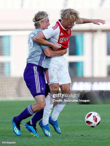 Sebastiaan Bornauw of Anderlecht, Kasper Dolberg of Ajax during the Club Friendly match between Ajax v Anderlecht at the Olympisch Stadion on July...