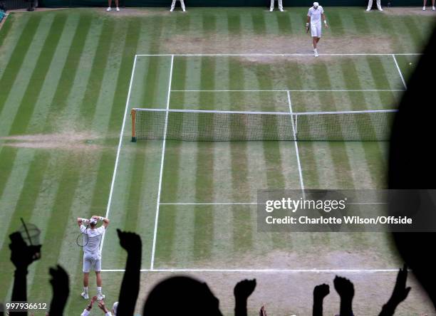 Mens Singles, Semi-Final - Kevin Anderson v John Isner - Kevin Anderson puts his hands on his head as he celebrates a gruelling victory over a...