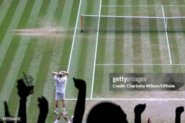 Mens Singles, Semi-Final - Kevin Anderson v John Isner - Kevin Anderson puts his hands on his head as he celebrates a gruelling victory over a...