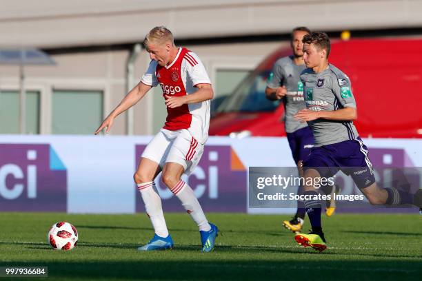 Donny van de Beek of Ajax, Pieter Gerkens of Anderlecht during the Club Friendly match between Ajax v Anderlecht at the Olympisch Stadion on July 13,...