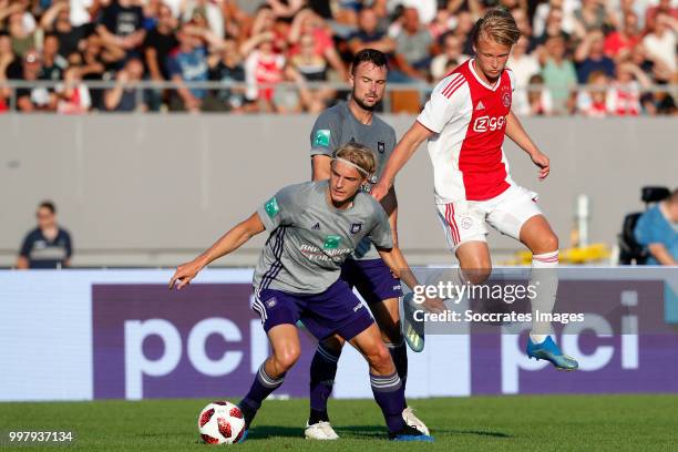 Sebastiaan Bornauw of Anderlecht, Kasper Dolberg of Ajax during the Club Friendly match between Ajax v Anderlecht at the Olympisch Stadion on July...