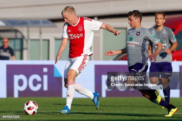 Donny van de Beek of Ajax, Pieter Gerkens of Anderlecht during the Club Friendly match between Ajax v Anderlecht at the Olympisch Stadion on July 13,...