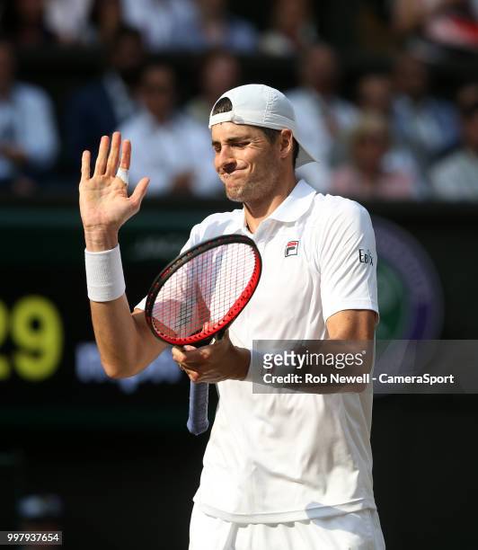 John Isner during his match against Kevin Anderson in their Men's Semi-Final match at All England Lawn Tennis and Croquet Club on July 13, 2018 in...