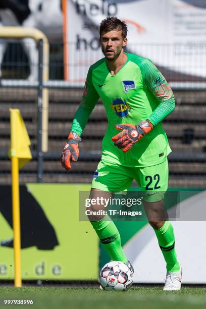 Goalkeeper Rune Jarstein of Hertha BSC controls the ball during the TEDi-Cup match between Hertha BSC and MSV Duisburg on July 8, 2018 in Herne,...