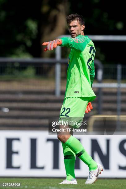 Goalkeeper Rune Jarstein of Hertha BSC gestures during the TEDi-Cup match between Hertha BSC and MSV Duisburg on July 8, 2018 in Herne, Germany.