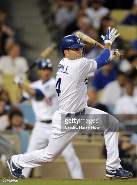 Jamey Carroll of the Los Angeles Dodgers at bat against the Colorado Rockies at Dodger Stadium on May 7, 2010 in Los Angeles, California.