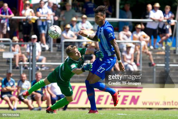Davie Selke of Hertha BSC scores the team`s first goal during the TEDi-Cup match between Hertha BSC and Westfalia Herne on July 8, 2018 in Herne,...