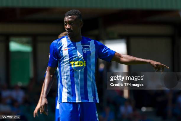 Salomon Kalou of Hertha BSC gestures during the TEDi-Cup match between Hertha BSC and Westfalia Herne on July 8, 2018 in Herne, Germany.