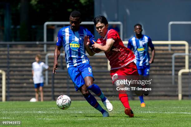 Salomon Kalou of Hertha BSC controls the ball during the TEDi-Cup match between Hertha BSC and Westfalia Herne on July 8, 2018 in Herne, Germany.