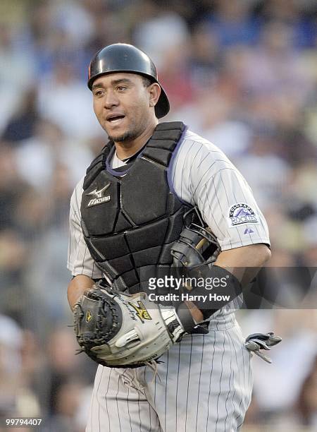 Miguel Olivo of the Colorado Rockies reacts to the third out against the Los Angeles Dodgers at Dodger Stadium on May 7, 2010 in Los Angeles,...