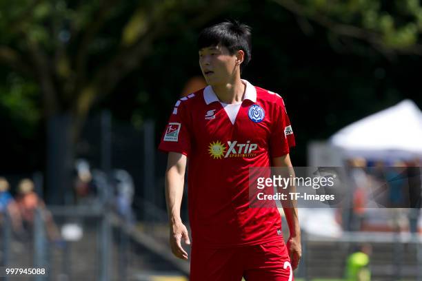 Young-jae Seo of Duisburg looks on during the TEDi-Cup match between MSV Duisburg and FC Bruenninghausen on July 8, 2018 in Herne, Germany.