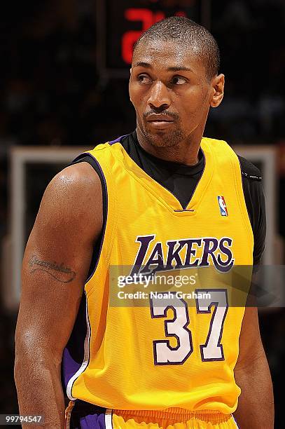 Ron Artest of the Los Angeles Lakers stands on the court while taking on the Utah Jazz in Game Two of the Western Conference Semifinals during the...