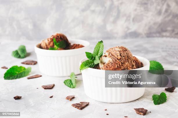 chocolate mint ice cream in white bowls with pieces of chocolate and mint leaves on a marble table - allspice stock-fotos und bilder
