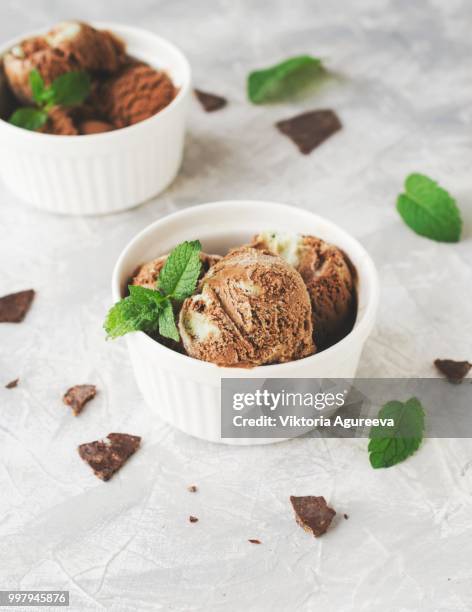 chocolate mint ice cream in white bowls with pieces of chocolate and mint leaves on a marble table - mint ice cream stock pictures, royalty-free photos & images