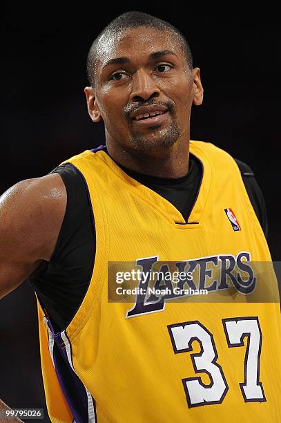 Ron Artest of the Los Angeles Lakers stands on the court while taking on the Utah Jazz in Game Two of the Western Conference Semifinals during the...