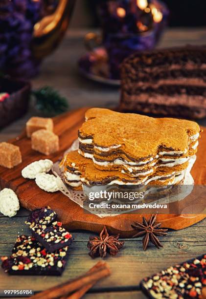 honey cake with chocolate nuts tea lying on the table - medvedeva ストックフォトと画像
