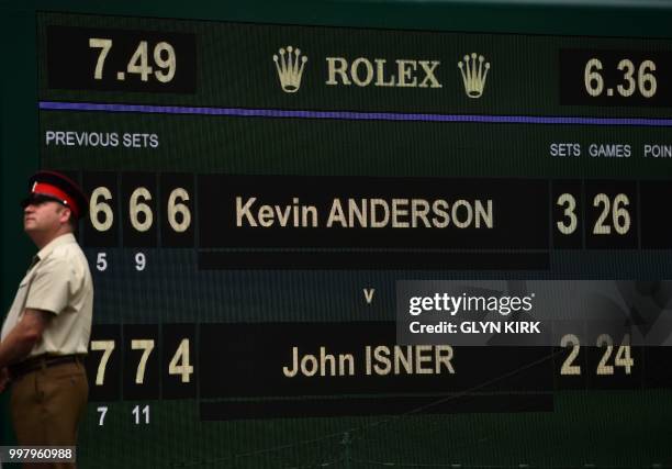 The score board shows the final score after South Africa's Kevin Anderson won against US player John Isner during the final set tie-break of their...