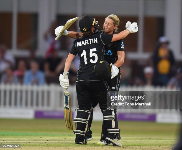 Sophie Devine of New Zealand Women celebrates with Katey Martin after reaching her 100 during the 3rd ODI: ICC Women's Championship between England...