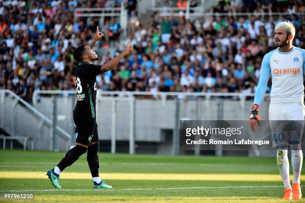 Arnaud Nordin of Saint Etienne celebrates next to Florian Escales of Marseille during the Friendly match between Marseille and Saint Etienne on July...