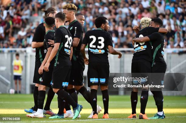 Arnaud Nordin of Saint Etienne celebrates with teammates during the Friendly match between Marseille and Saint Etienne on July 13, 2018 in...