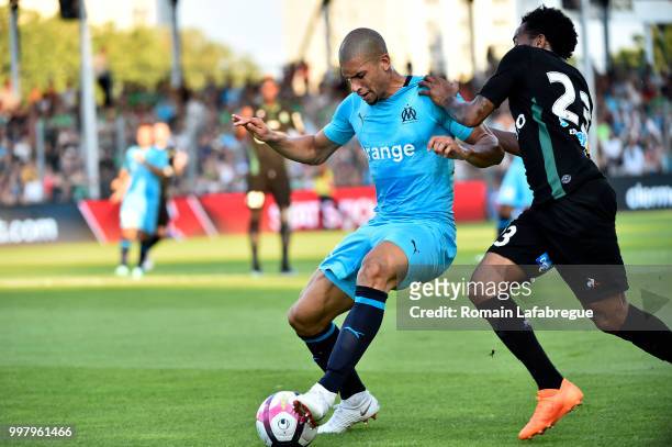 Matheus Doria Macedo of Marseille and Kenny Rochas Santos of Saint Etienne during the Friendly match between Marseille and Saint Etienne on July 13,...