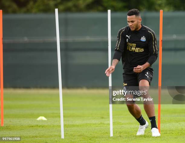 Jamaal Lascelles runs around training poles during the Newcastle United Training session at Carton House on July 13 in Kildare, Ireland.