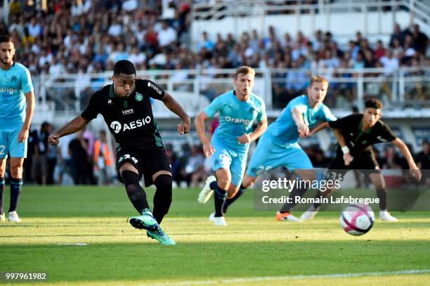 Arnaud Nordin of Saint Etienne scores a penalty during the Friendly match between Marseille and Saint Etienne on July 13, 2018 in Clermont-Ferrand,...