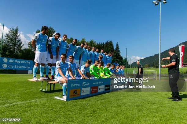 The team of TSV 1860 Muenchen line up ahead a team photo presentation on July 13, 2018 in Kufstein, Austria.