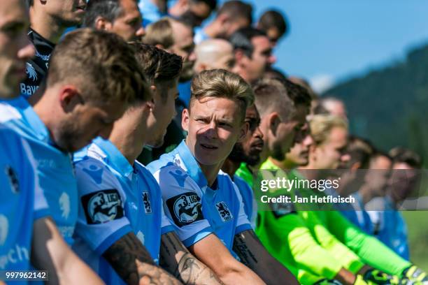 The team of TSV 1860 Muenchen line up ahead a team photo presentation on July 13, 2018 in Kufstein, Austria.