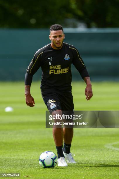 Jamaal Lascelles controls the ball during the Newcastle United Training session at Carton House on July 13 in Kildare, Ireland.