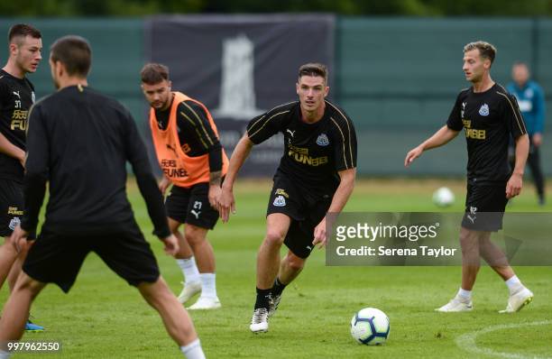 Ciaran Clark looks for the next pass during the Newcastle United Training session at Carton House on July 13 in Kildare, Ireland.