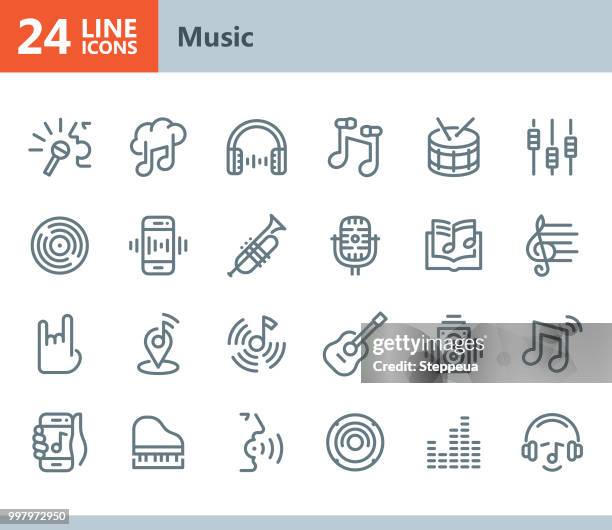 music - line vector icons - brass instrument stock illustrations