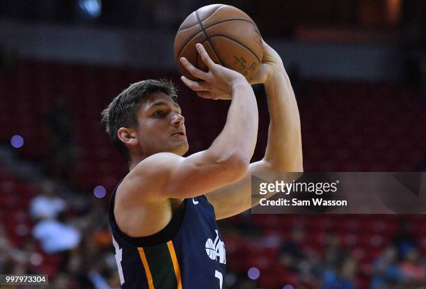 Grayson Allen of the Utah Jazz shoots against the Miami Heat during the 2018 NBA Summer League at the Thomas & Mack Center on July 10, 2018 in Las...