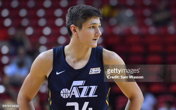 Grayson Allen of the Utah Jazz stands on the court during his team's game against the Miami Heat during the 2018 NBA Summer League at the Thomas &...