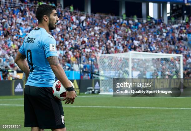 Luis Suarez of Uruguay looks on during the 2018 FIFA World Cup Russia Quarter Final match between Winner Game 49 and Winner Game 50 at Nizhny...