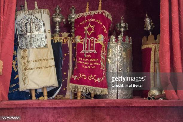 torahs in the romaniote synagogue in athens greece - athens vacation photos et images de collection