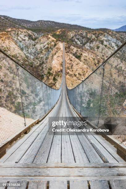 looking down a wooden and metal suspension bridge above a ziplining course in the desert near cabo san lucas. - cabo stock pictures, royalty-free photos & images