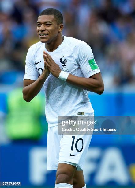 Kylian Mbappe of France reacts during the 2018 FIFA World Cup Russia Quarter Final match between Winner Game 49 and Winner Game 50 at Nizhny Novgorod...