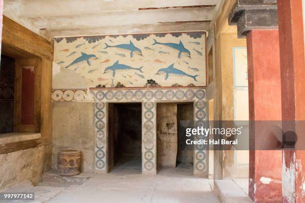 copy of dolphin fresco in the palace of knossos - sea of crete stock pictures, royalty-free photos & images