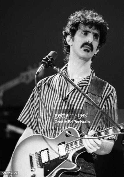 Frank Zappa performs at the Berkeley Community Theater in April 1980 in Berkeley, California.