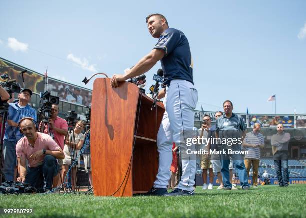 Tim Tebow of the Eastern Division All-Stars answers questions from the media before the 2018 Eastern League All Star Game at Arm & Hammer Park on...