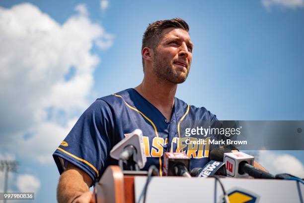 Tim Tebow of the Eastern Division All-Stars answers questions from the media before the 2018 Eastern League All Star Game at Arm & Hammer Park on...