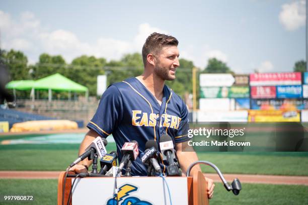 Tim Tebow of the Eastern Division All-Stars answers questions from the media before the 2018 Eastern League All Star Game at Arm & Hammer Park on...